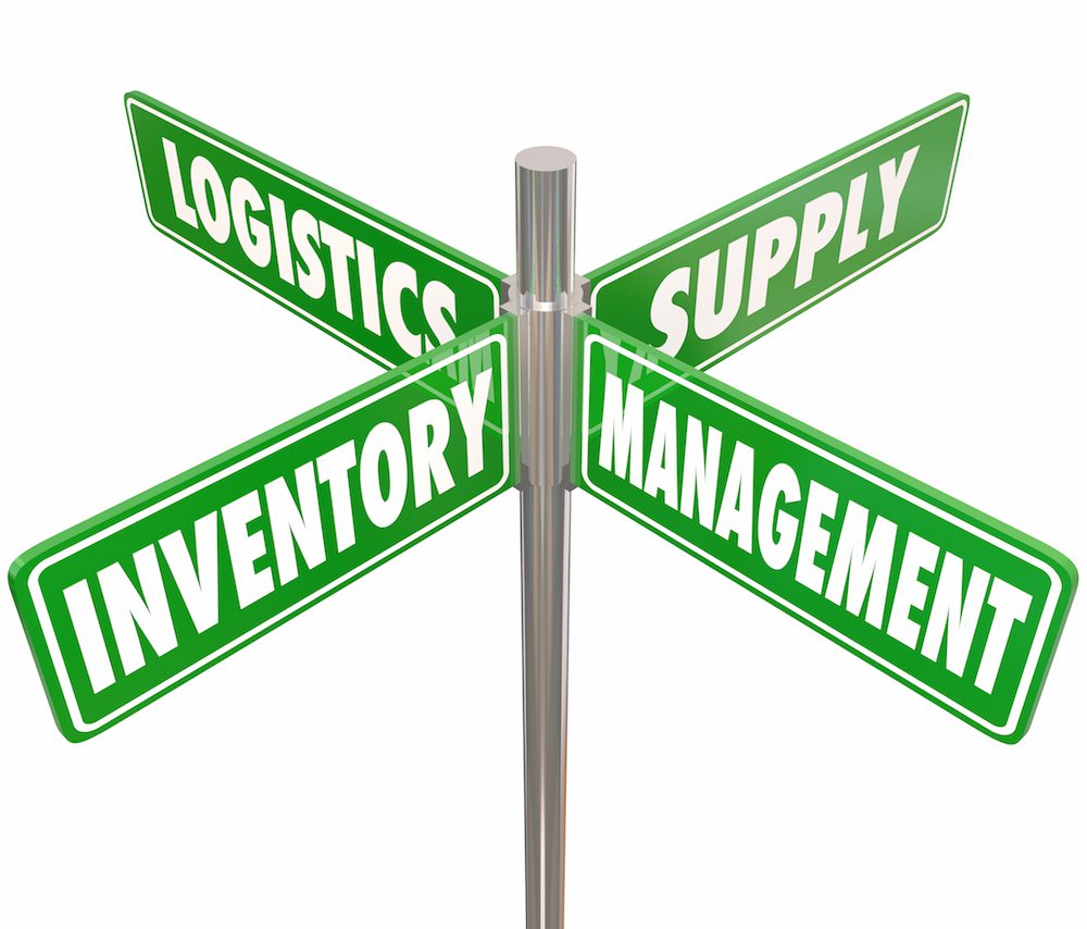 Inventory, Management, Logistics and Supply words on 4 green road or street signs pointing way to controlling chain of goods, merchandise or products at a company or business